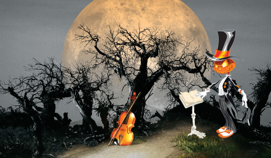 Image of pumpkin conductor in dreary forest at night with the full moon rising in the background