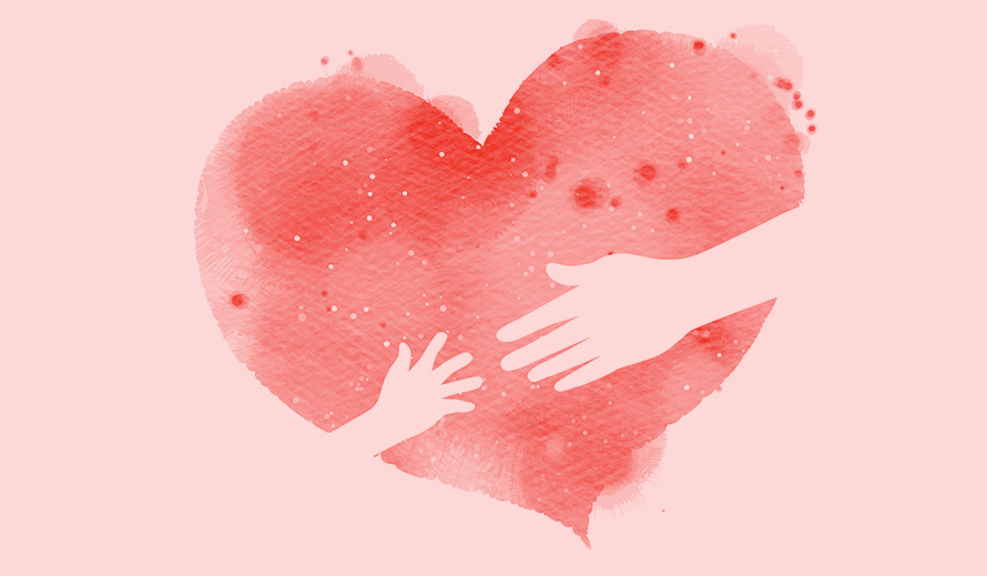Drawing of a child’s hand reaching for an adult’s hand across a pink watercolor heart.