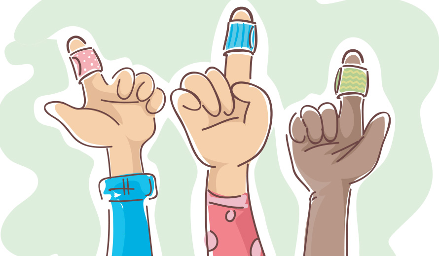 Illustration of three children’s bandage-wrapped fingers.