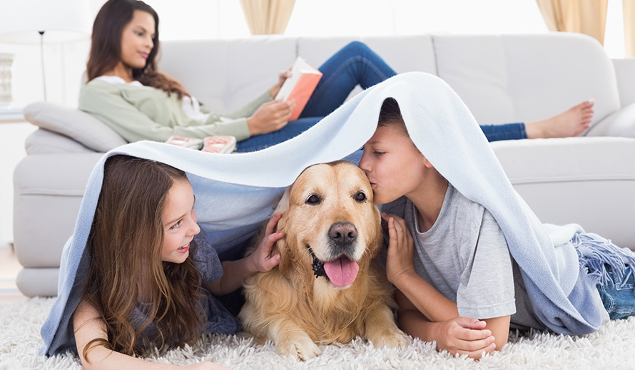 Children play with dog while mother reads. 