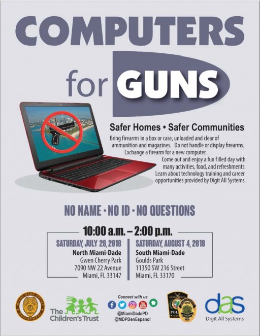 Event flyer for Computers for Guns. Safer Homes, safer communities. Bring firearms in a box or case, unloaded and clear of ammunition and magazines. Do not handle or display firearms. Exchange a firearm for a new computer. Come out and enjoy a fun filled day with many activities, food, and refreshments. Learn about technology training and career opportunities provided by Digit All Systems. No name. No ID. No questions.