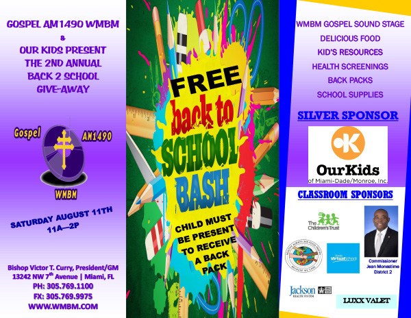 Event Flyer - WMBM Gospel sound stage, delicious food, kids' resources, health screenings, back packs, school supplies.