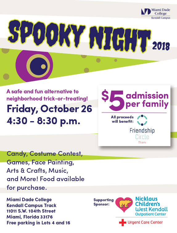 Spooky Night 2018 event flyer. A safe and fun alternative to neighborhood trick-or-treating! Candy, costume contest, games, face painting, arts & crafts, music and more! $5 Admission per family. Food available for purchase.