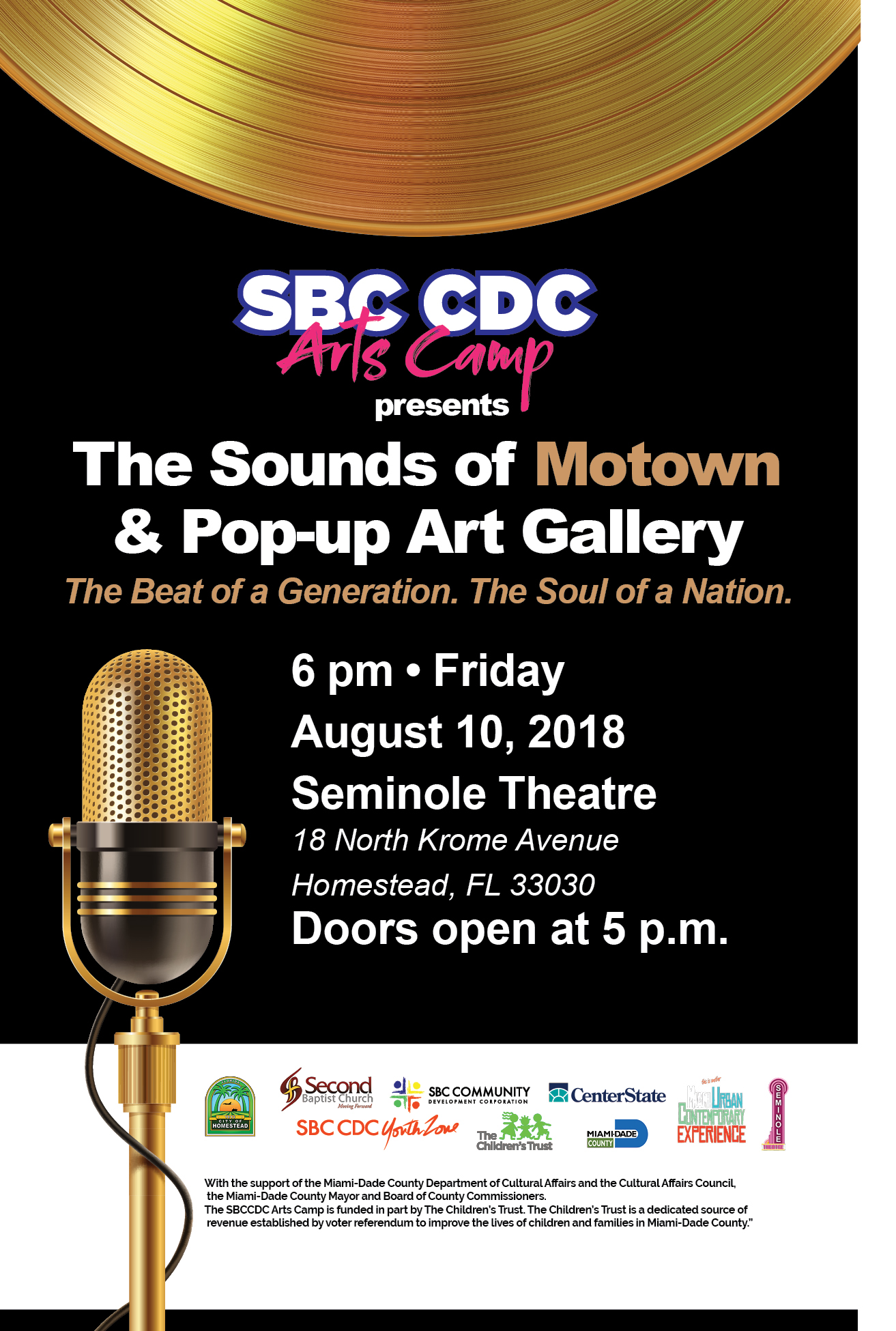 Event Flyer: The Sounds of Motown is a children's musical featuring student and professional actors on the real story of Berry Gordy and Motown Records. It celebrates the music that inspired a generation, defined an era, re-shaped the music industry, and changed our culture forever. This exhilarating show featuring a pre and post production art gallery will capture the essence of the visionary Founder and the artists who joined the label and who fought against prejudice and racism to bring America together.