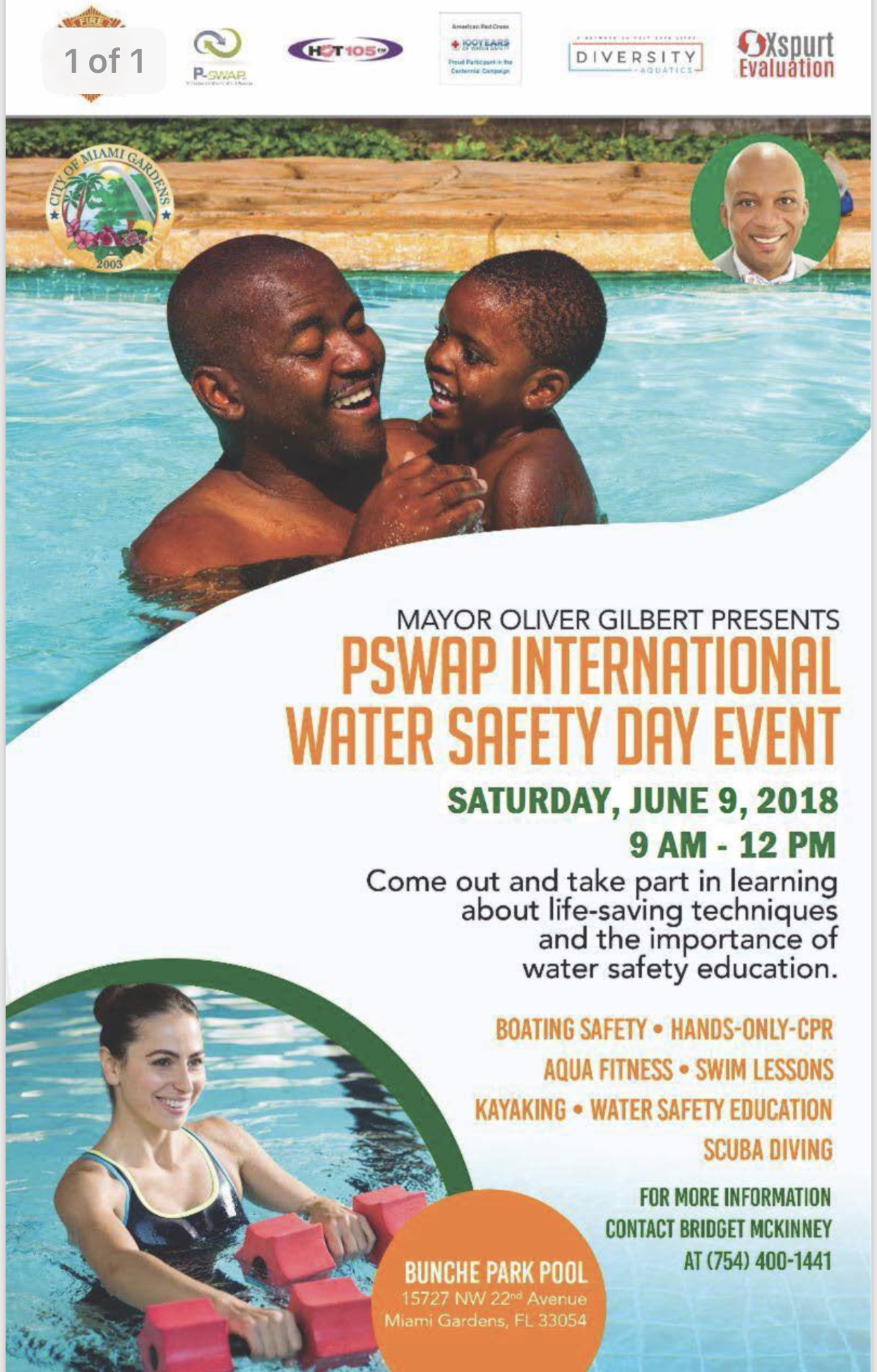 The City of Miami Gardens, PSWAP, & American Red Cross are Hosting an International Water Safety Day Event Saturday, May 26th, 2018 at Bunche Park Pool. Water Safety Day spreads awareness of ongoing global drowning pandemic and importance of water safety education! Through our network of educators, youth leaders, and volunteers, we will be able to reach exponentially more people.