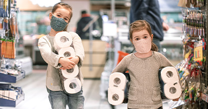 Two sisters collect toilet paper from store during coronavirus pandemic. 