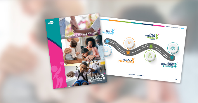 Cover of Roadmap to Child Success report, and internal pages of the report that display a roadmap illustration.